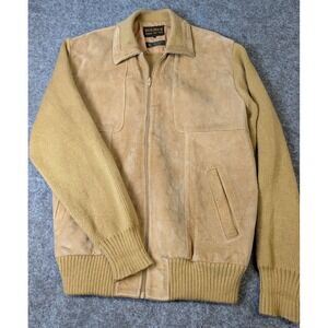Vintage 1970's HOLMES Pigsuede Leather/Knit Sweater Bomber Jacket Mens Large Tan